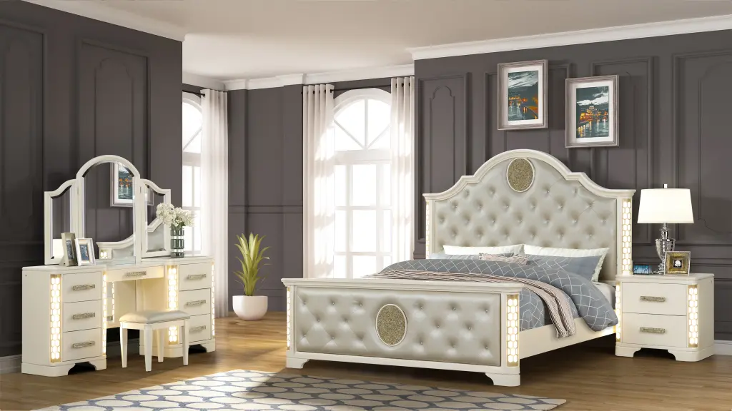 Queen 4 Pc LED Vanity Bedroom Set Beige Wood Box Spring galaxy home furnishings