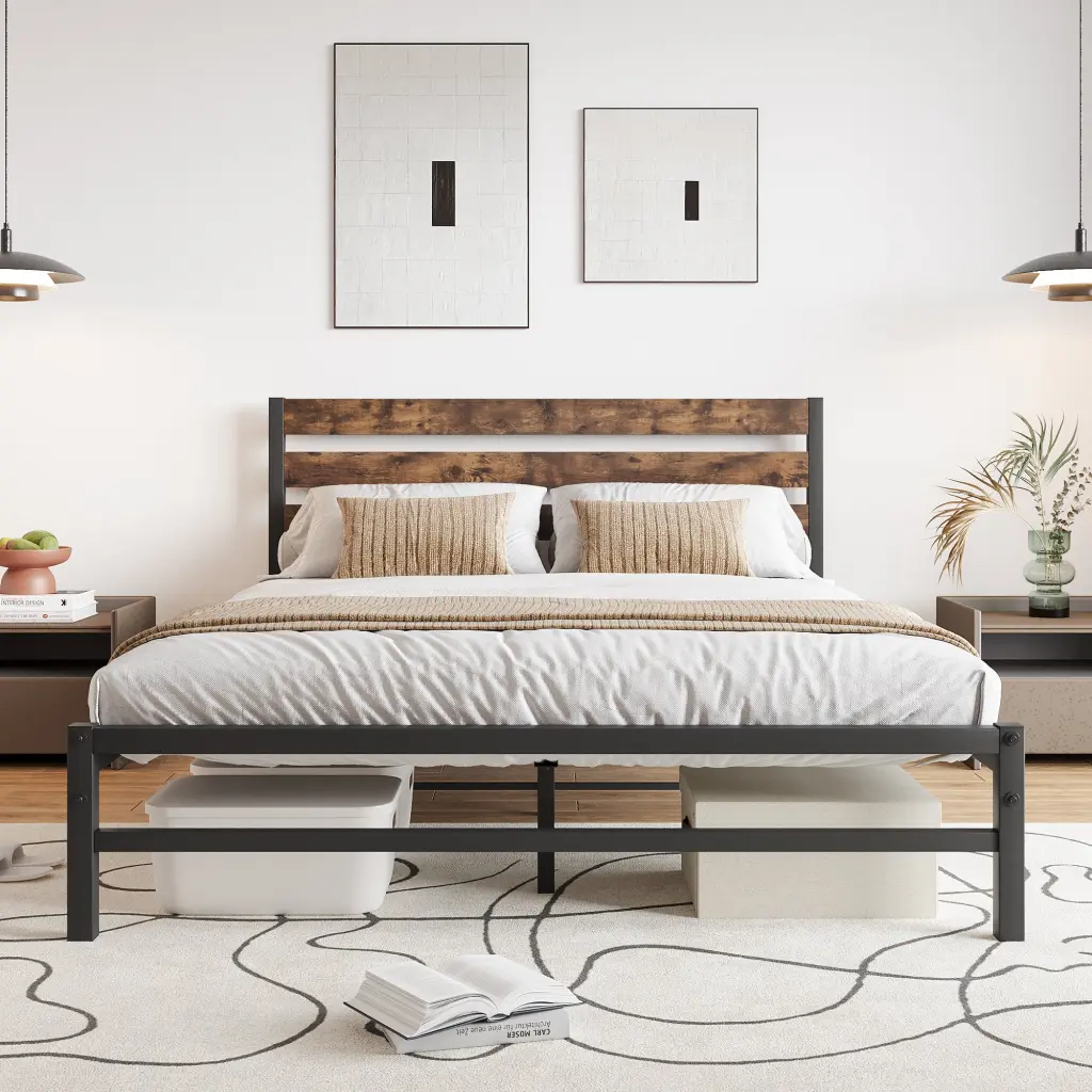 Queen Platform Bed Frame Rustic Vintage Wood Headboard Strong Support home furniture