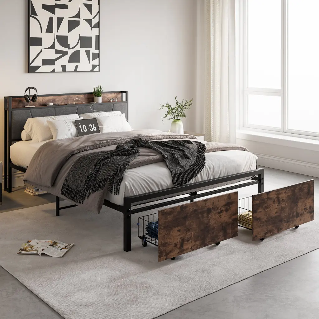 Queen Size Bed Frame Storage Headboard and Charging Station home furniture