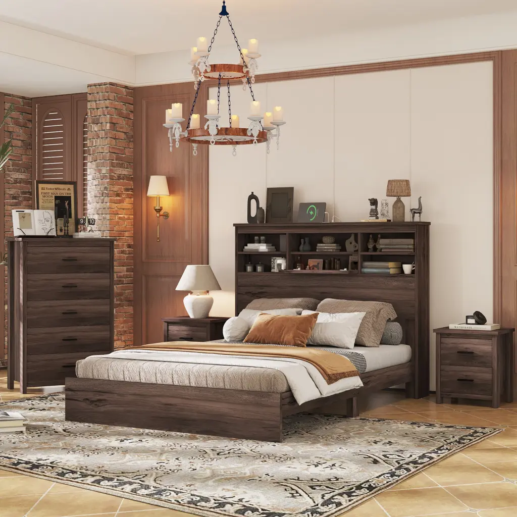 4 Piece Vintage Timberen Bedroom Set Queen Size Bed Frame 2 Nightstands homey life