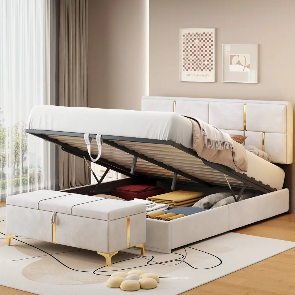 2 Pieces Bedroom Sets Queen Dimensions Upholstered Platform Bed Hydraulic Storage homey life