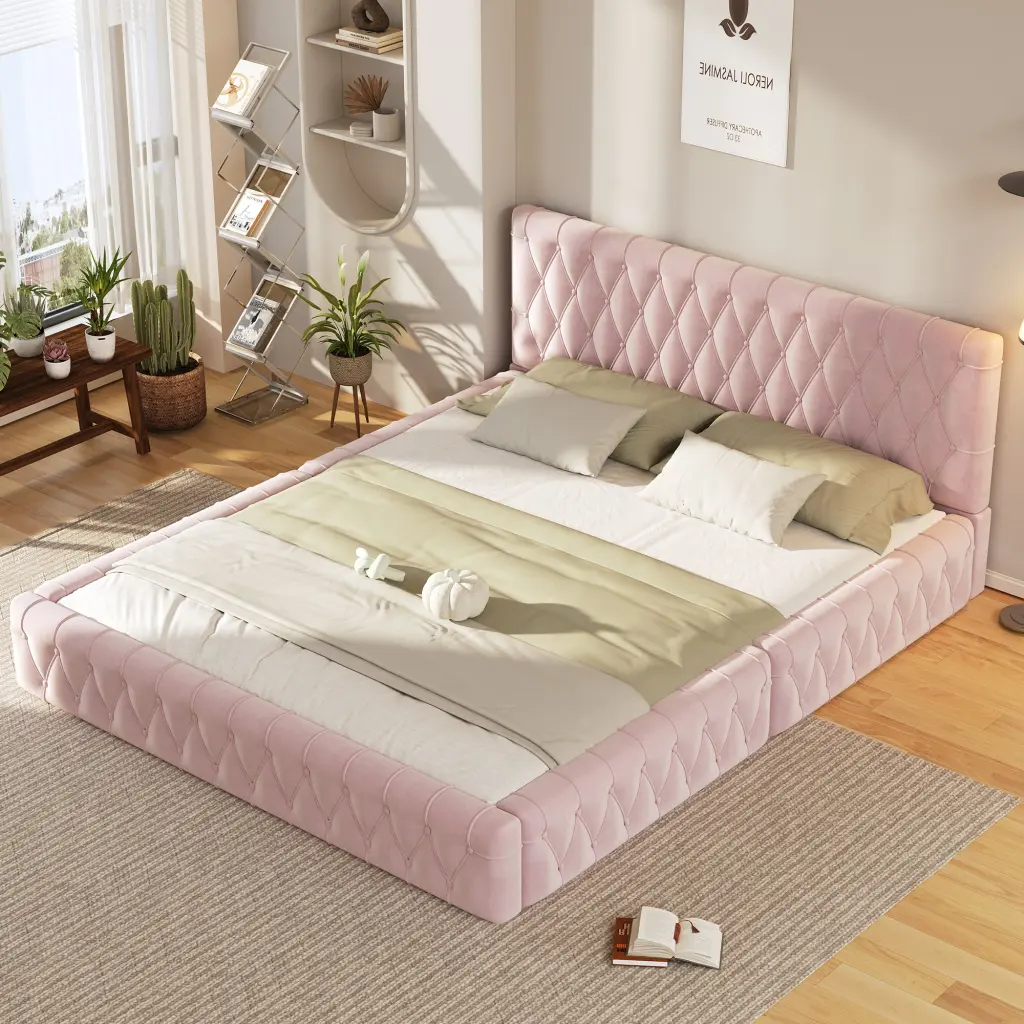 Queen Dimensions Upholstered Bed Tufted Headboard Modern Velvet Platform homey life