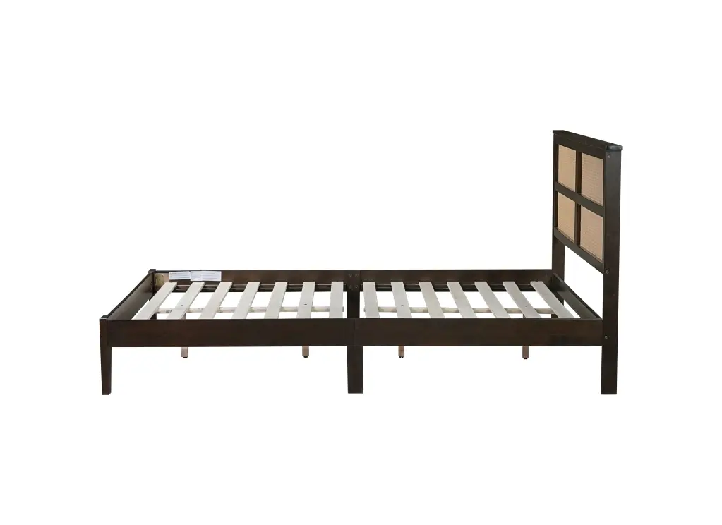 Queen Size Solid Rubber Wood Bed Rattan Headboard - Enhanced Support Frame inspirit