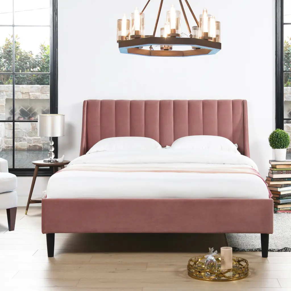 Aspen Vertical Tufted Headboard Platform Bed Set Queen Size Ash Rose Pink jennifer taylor home