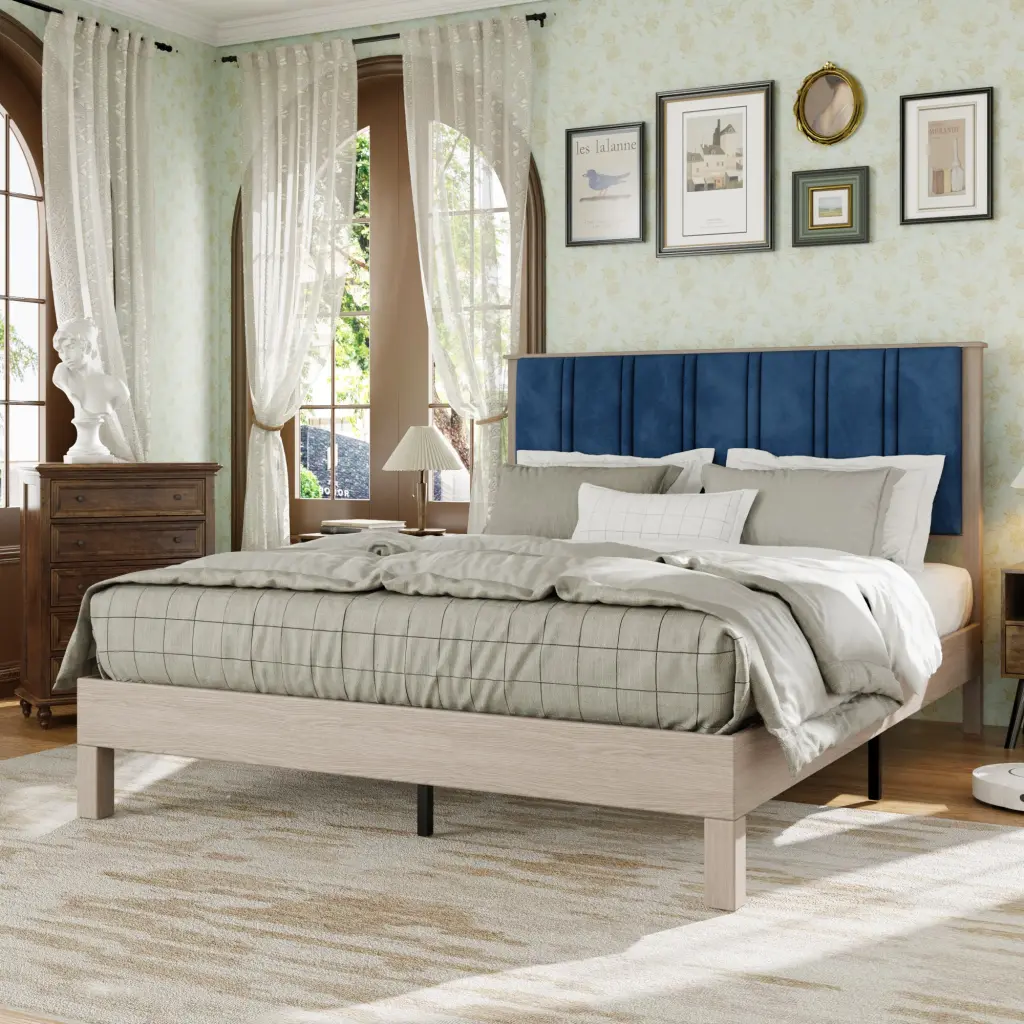 Queen Bed Frame Timber Headboard Upholstered Bed Frame jhomier furniture