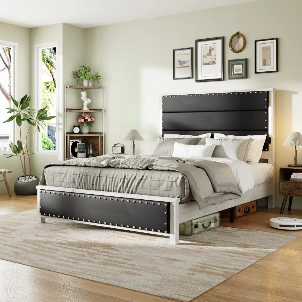 Queen Size Bed Frame Upholstered Headboard and Sturdy Design jhomier furniture