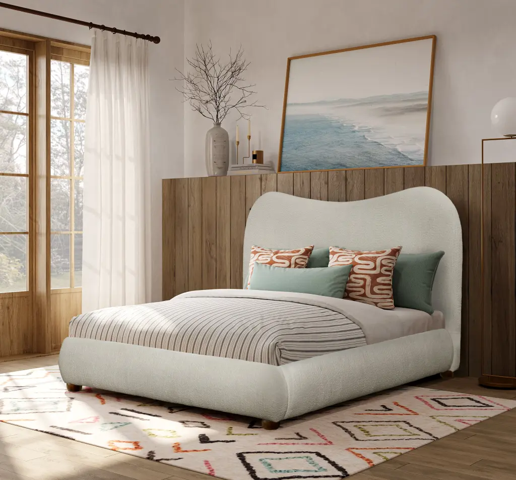 Queen Platform Bed Curved Headboard Upholstered Bed and Timberen Legs kanepe