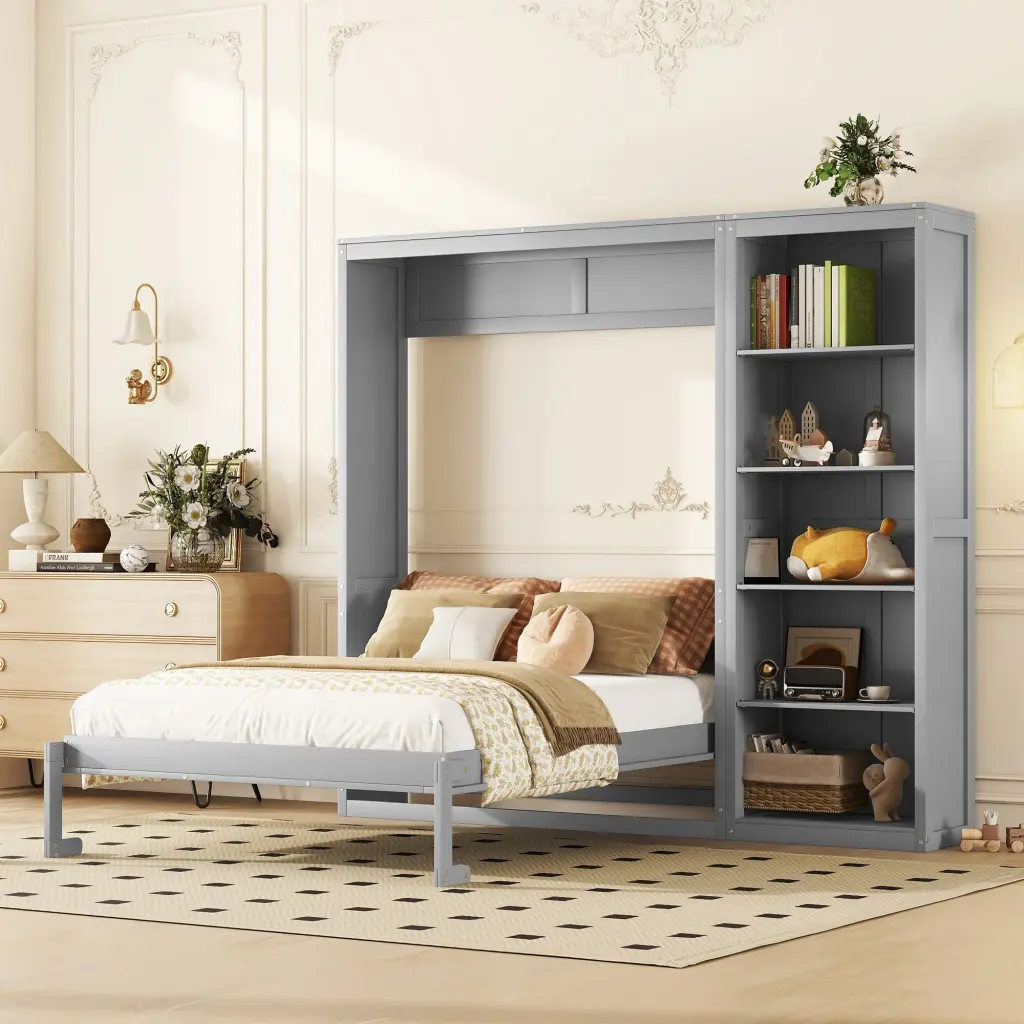 Queen Dimensions Murphy Bed Wall Bed Shelves Gray MDF lucky furniture