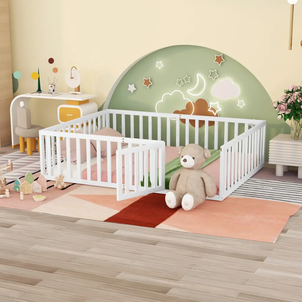 Queen Dimensions Wood Floor Bed Frame Fence And Door White Finish lucky furniture