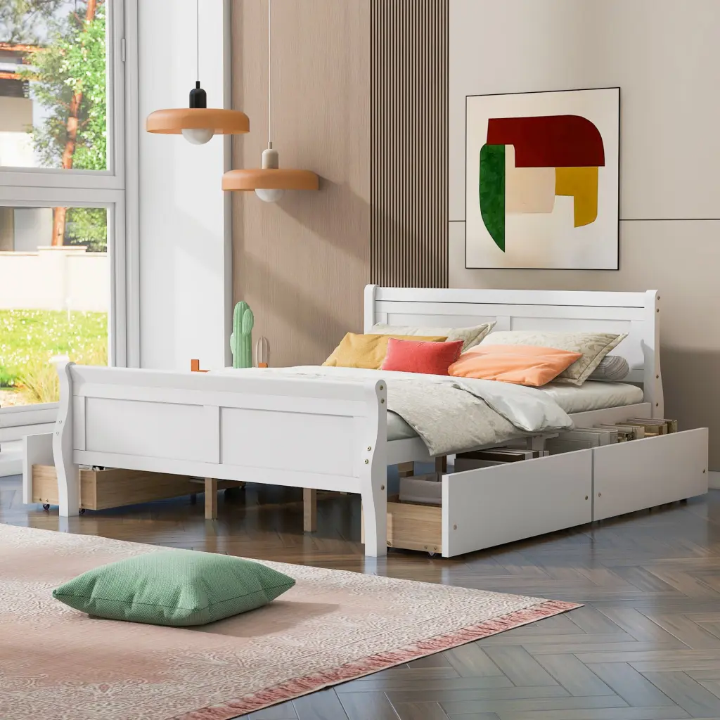 Queen Dimensions Wood Platform Bed 4 Drawers and Simplified Headboard lucky furniture
