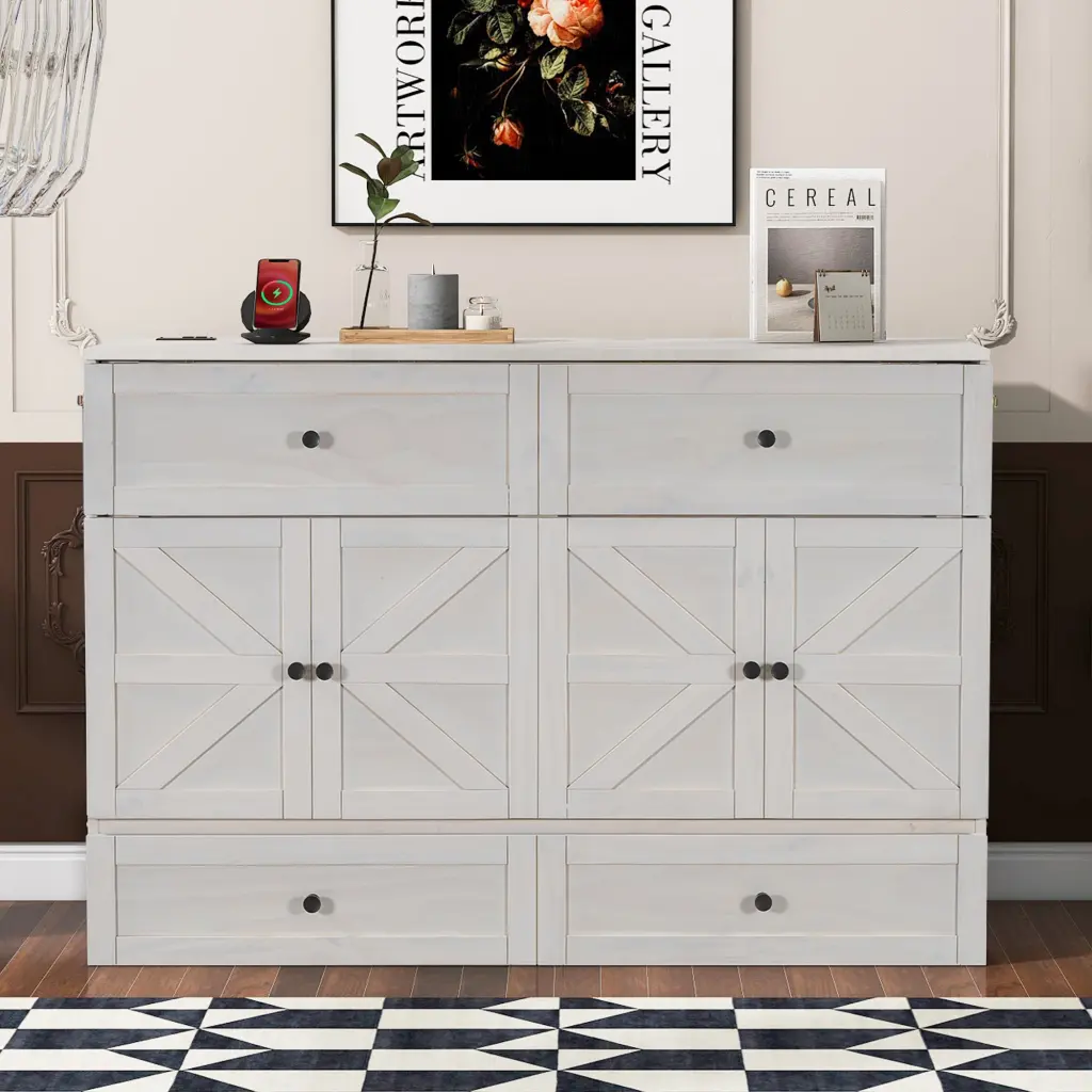 Queen Size Murphy Bed Large Drawers & USB Ports Brushed White Space Saving lucky furniture