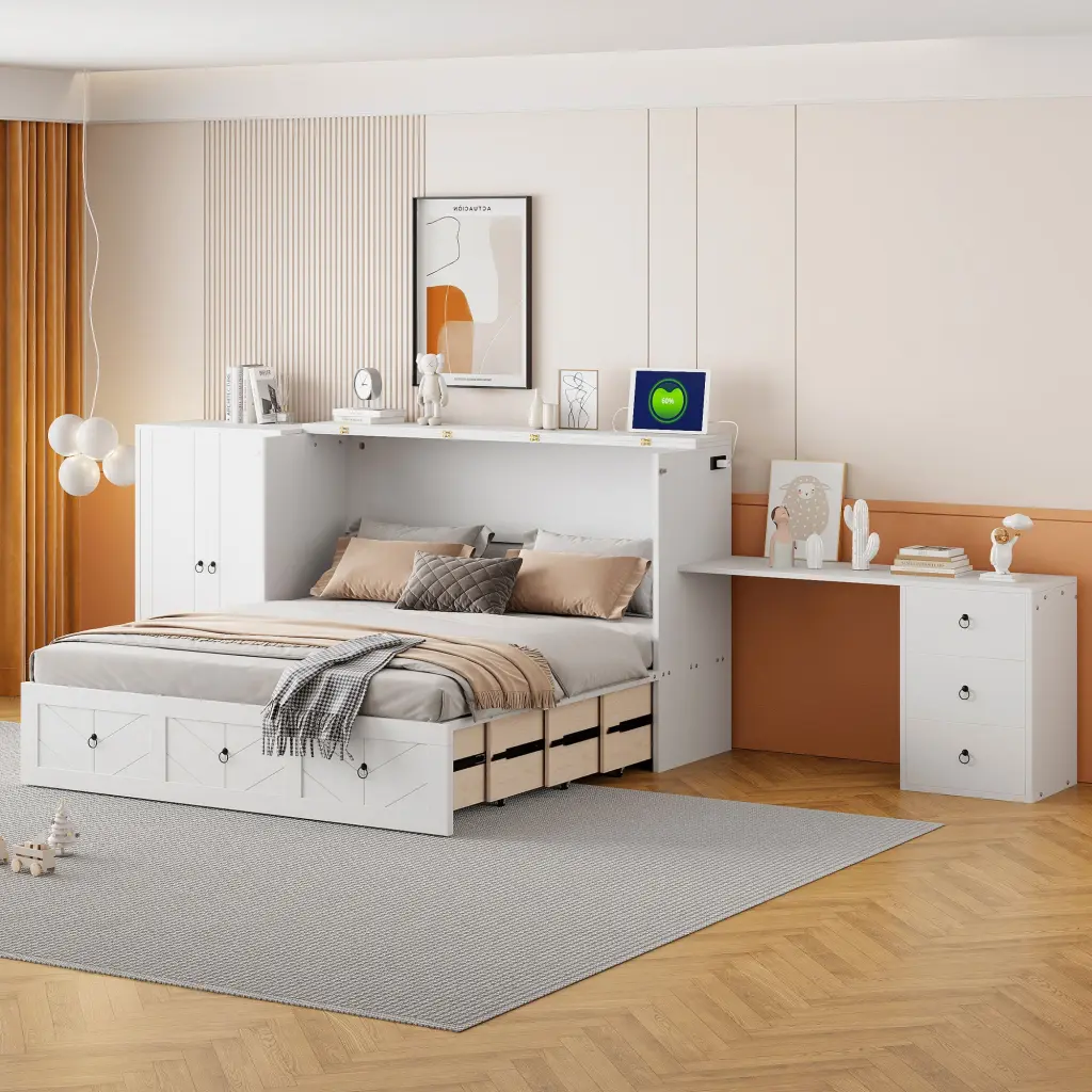 Queen Size Murphy Bed USB Port Large Drawer Wardrobe Desk Space Saving Wall Bed lucky furniture