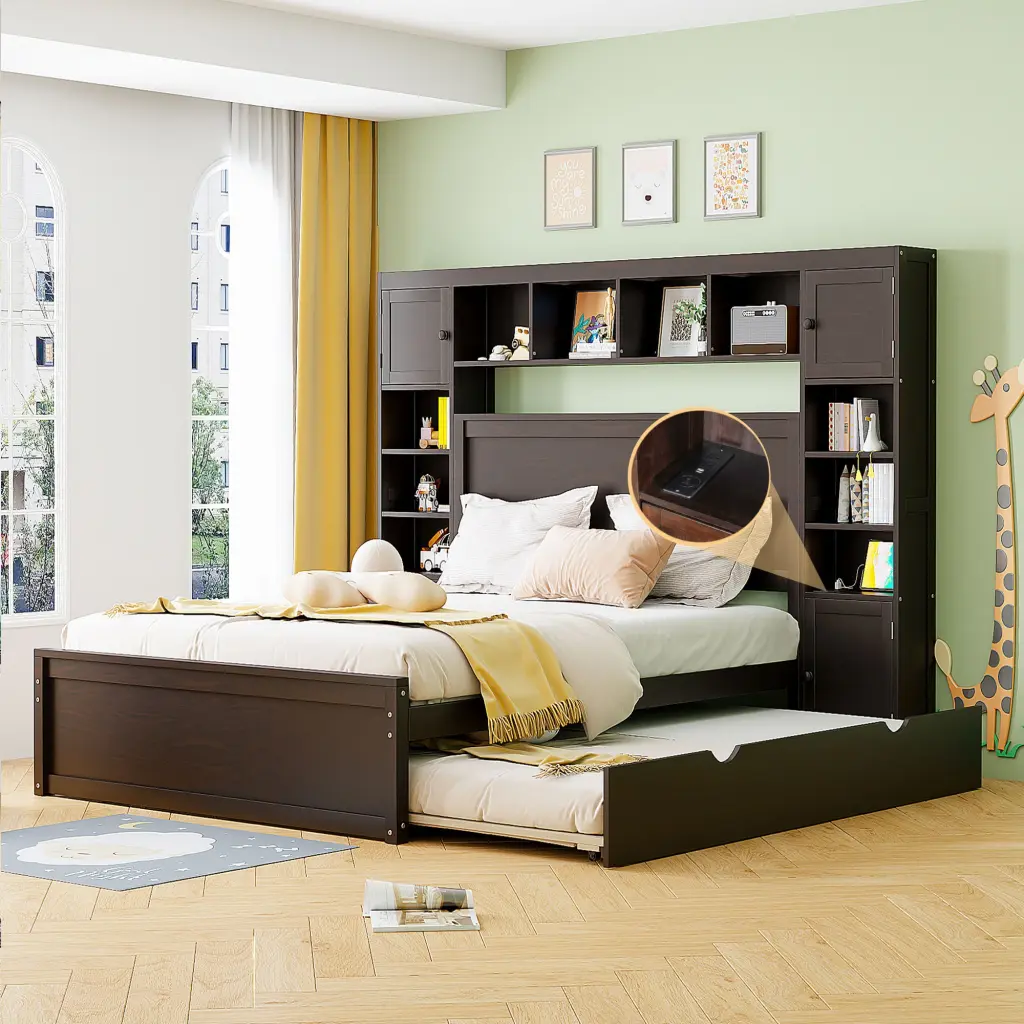 Queen Size Wooden Bed All One Cabinet Shelf And Sockets Twin Storage lucky furniture