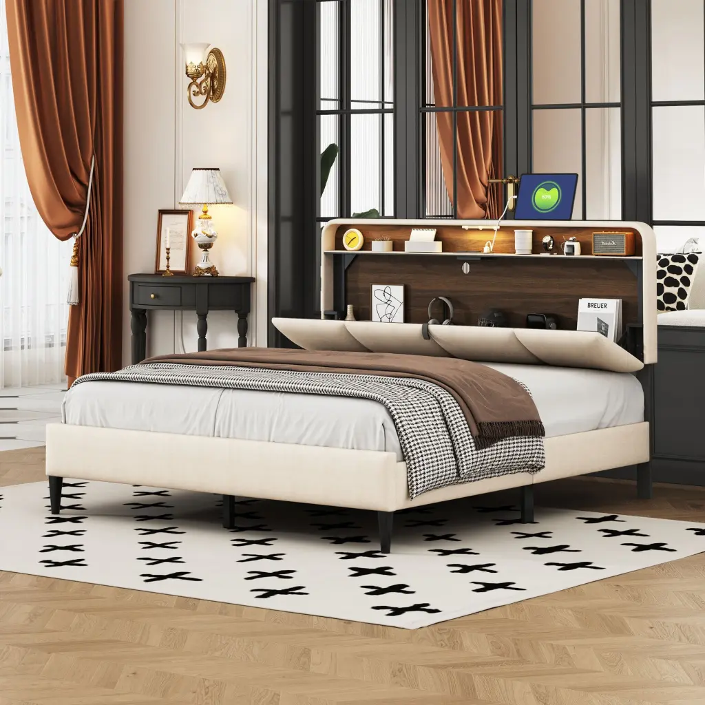Queen Dimensions Upholstered Platform Bed Storage Headboard, Sensor Lights lucky world