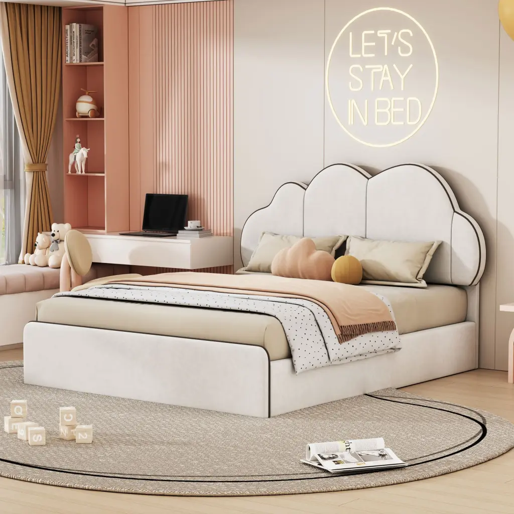 Queen Size Upholstered Platform Bed Cloud Shaped Headboard Beige Fabric Frame lucky world