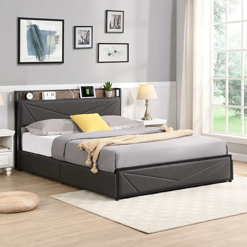 Queen Bed Frame Storage Headboard and Charging Station Solid Sturdy Design rnb