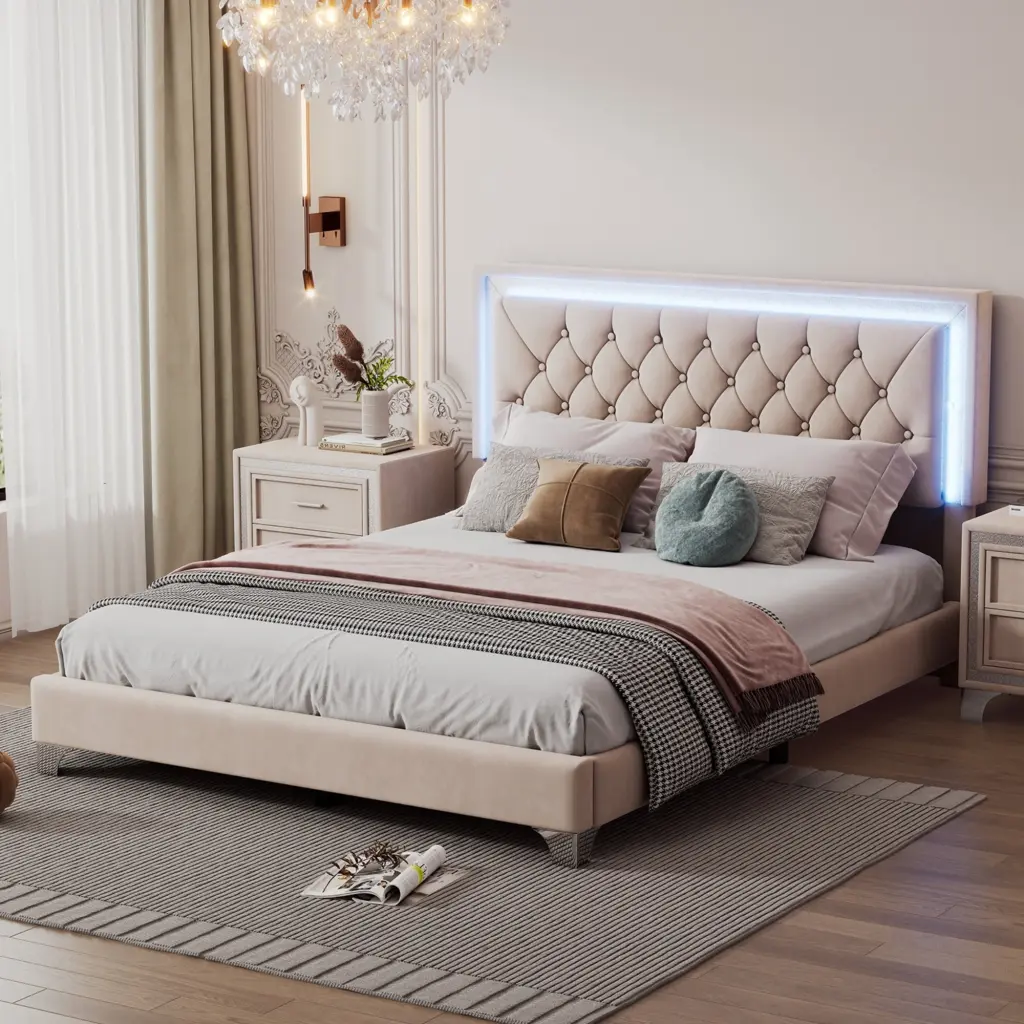 Queen Upholstered Bed Frame LED Lights Modern Velvet Platform Bed rnb