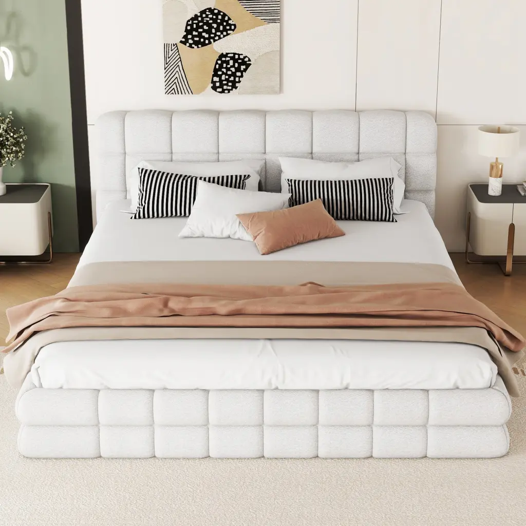 Queen Upholstered Platform Bed White No Box Spring Required wm dreamland
