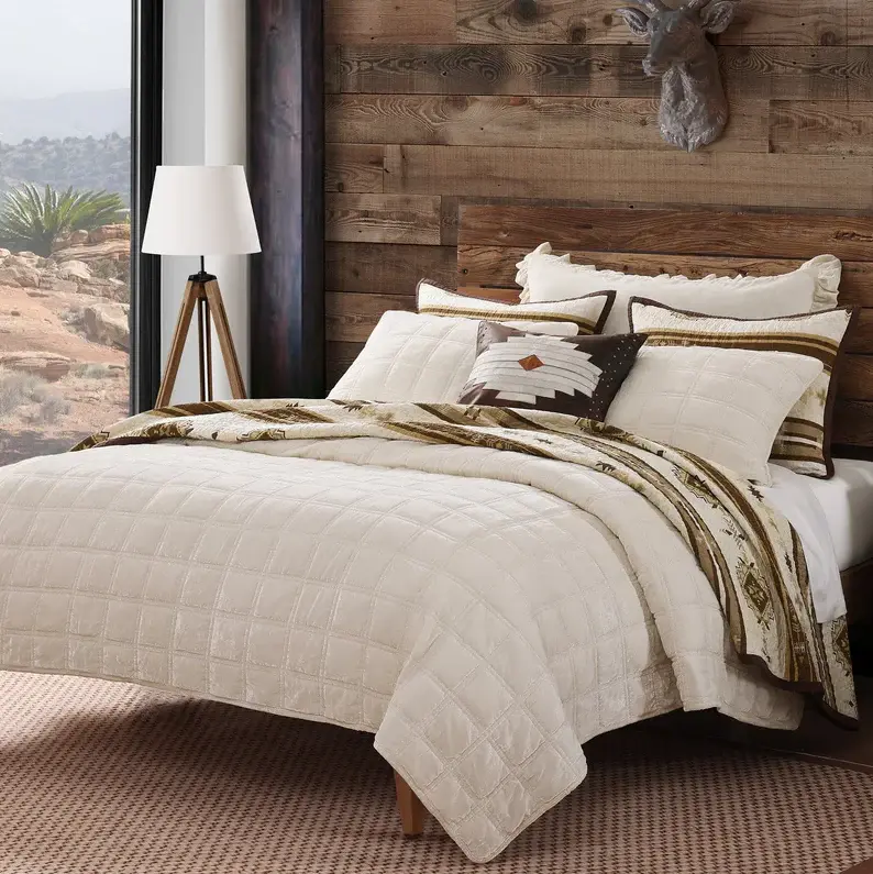 Premium All-Season Stella Faux Silk Velvety Double Box Stitch 3PC Quilt Set, Stone