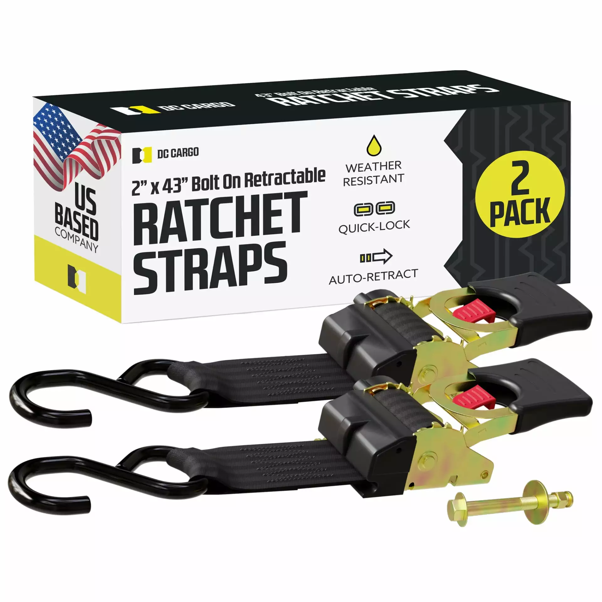 DC Cargo Retractable Ratchet Strap Hook 2x43 Bolt-on Tie Down Strap 2-Pack 1