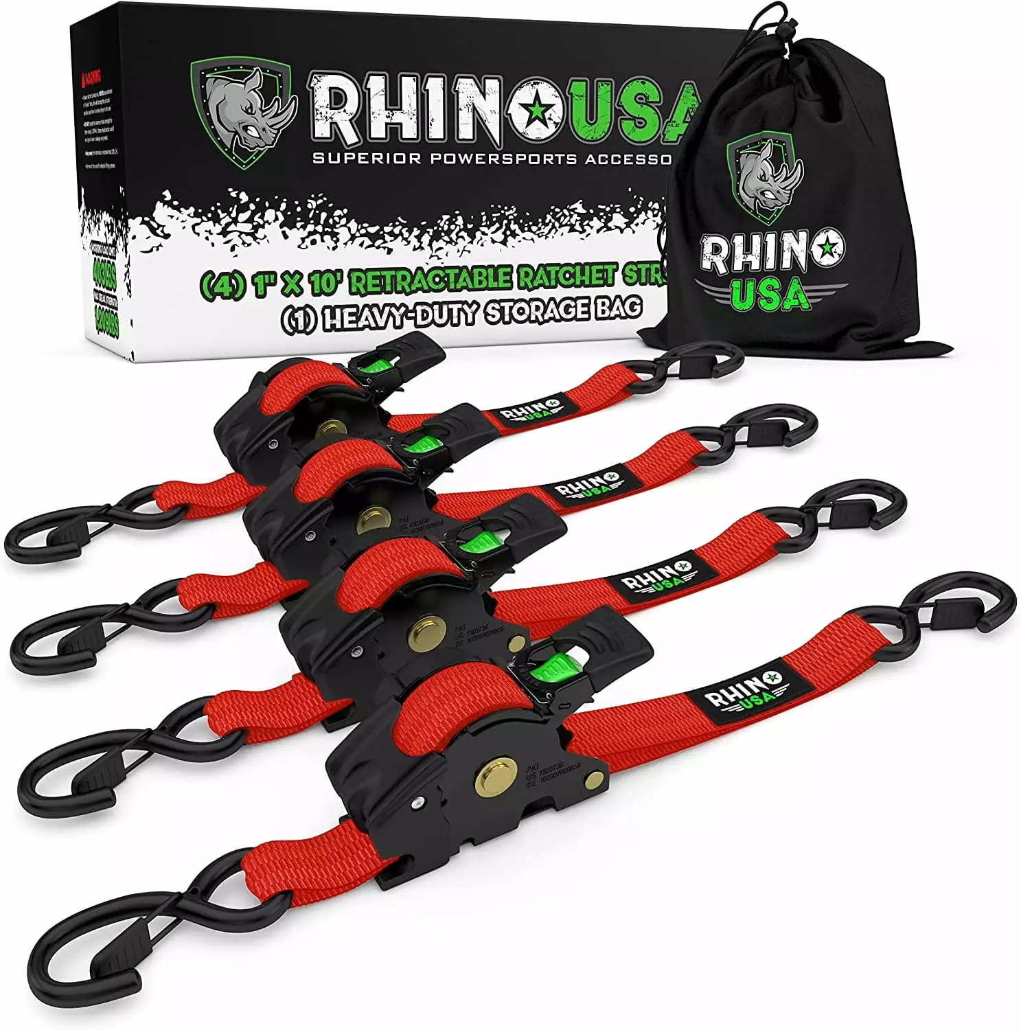 Rhino USA 1 x 10 Feet Retractable Ratchet Autoretract Tie Down Straps Red 4-Pack Secure Loads 1