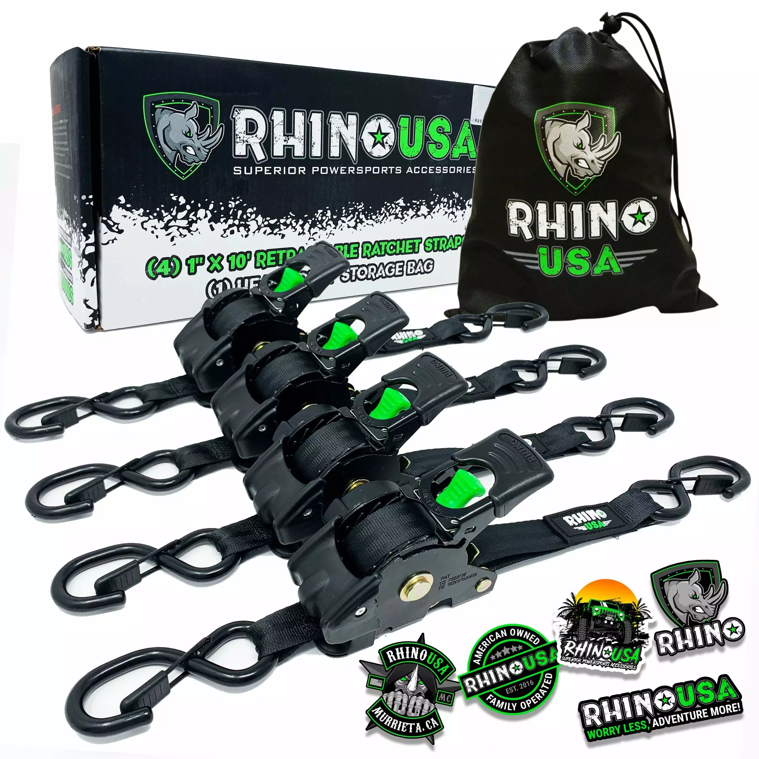 Rhino USA 1 x 10 Feet Retractable Ratchet Straps 4-Pack 1209 lbs Max Break Strength Secure Tie Downs 2