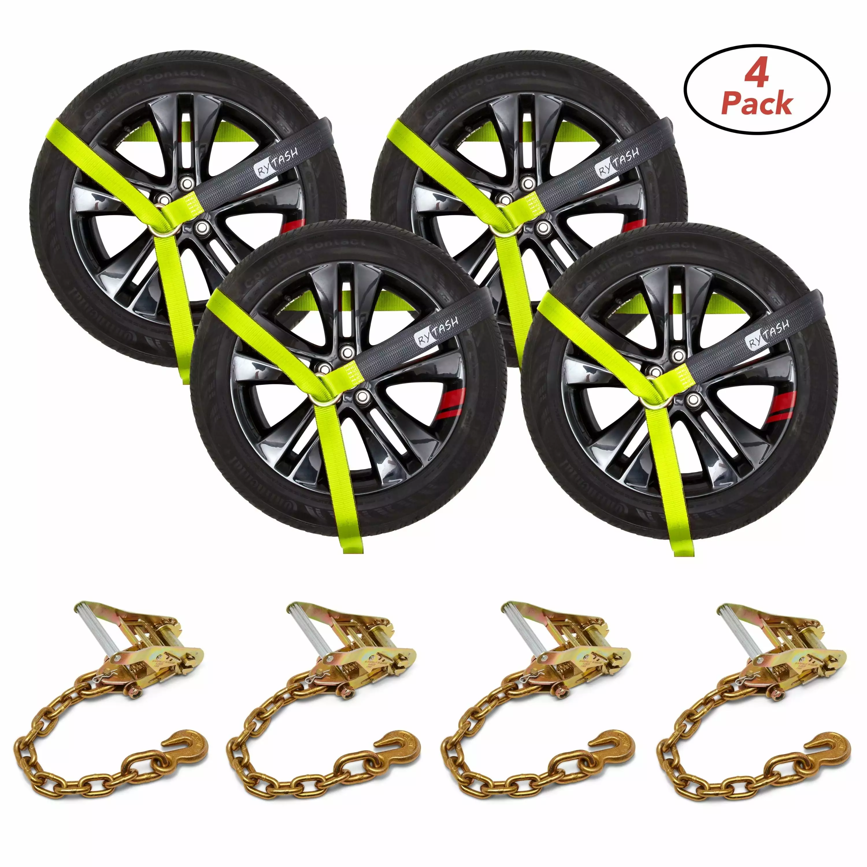 RYTASH Green 4-Pack Heavy-Duty Lasso Ratchet Straps Cars and ATVs 96 x 2 Chain Anchors