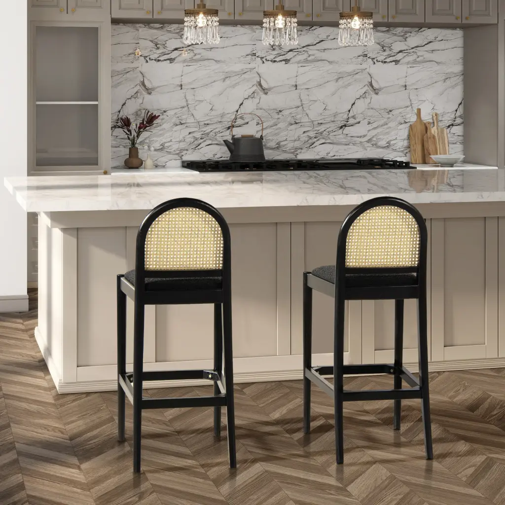 Panama 30.5 Inch Curved Back Cane Rattan Bar Stool Set 2 Ebony Black jennifer taylor home