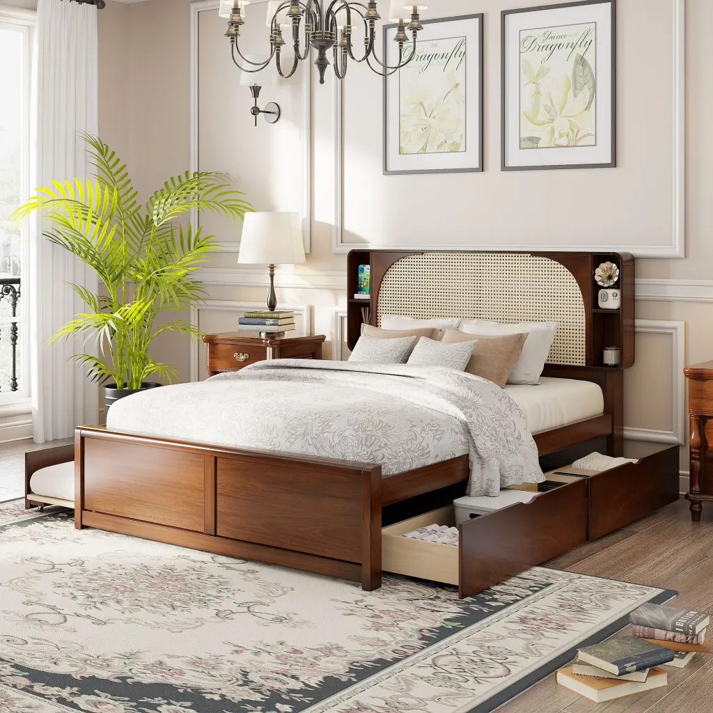 Queen Dimensions Rattan Headboard Bed Two Drawers And Trundle Walnut lucky home