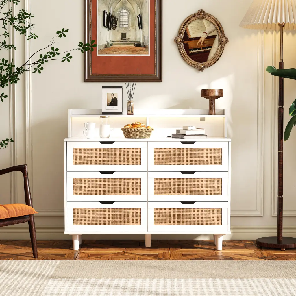 43.31 Inch 6 Drawers Rattan Storage Cabinet LED Lights Modern Bedroom or Living Room Furniture spribung