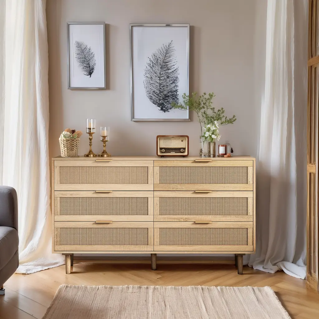 51.18 Inch 6 Drawers Rattan Storage Cabinet Bedroom Living Room spribung