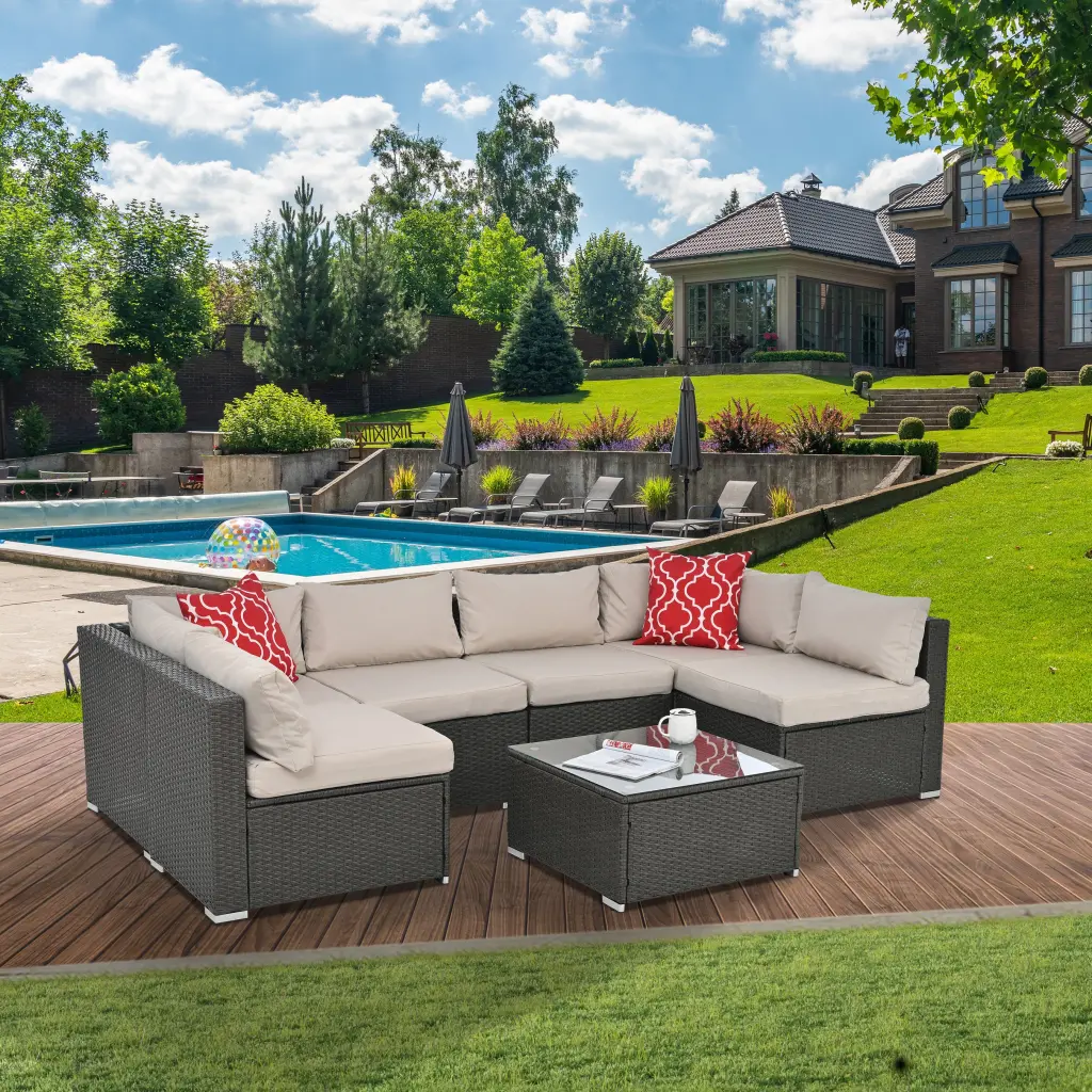 Patio Furniture Set Dark Gray Cushions Seats 6 Rattan Iron Waterproof Outdoor Dining dream honor