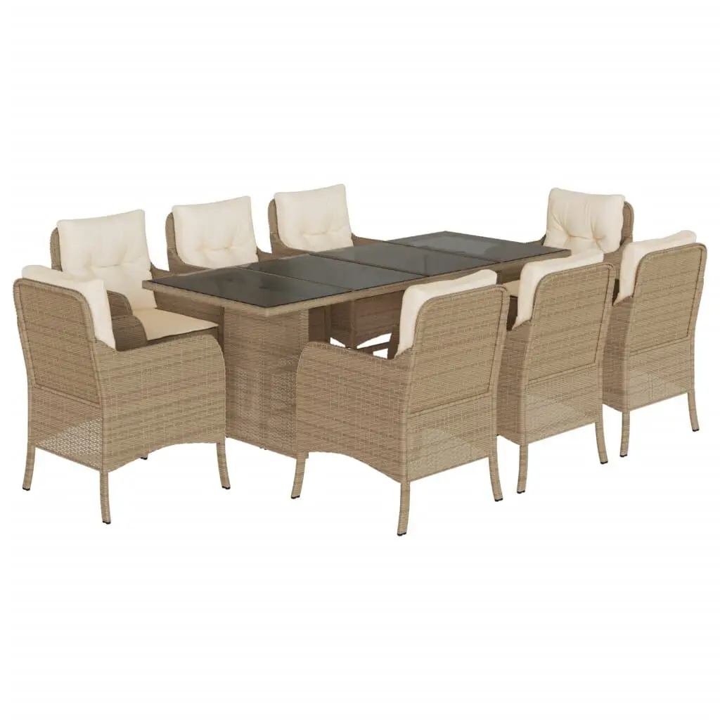 9 Piece Beige Poly Rattan Patio Dining Set Cushions Outdoor Furniture