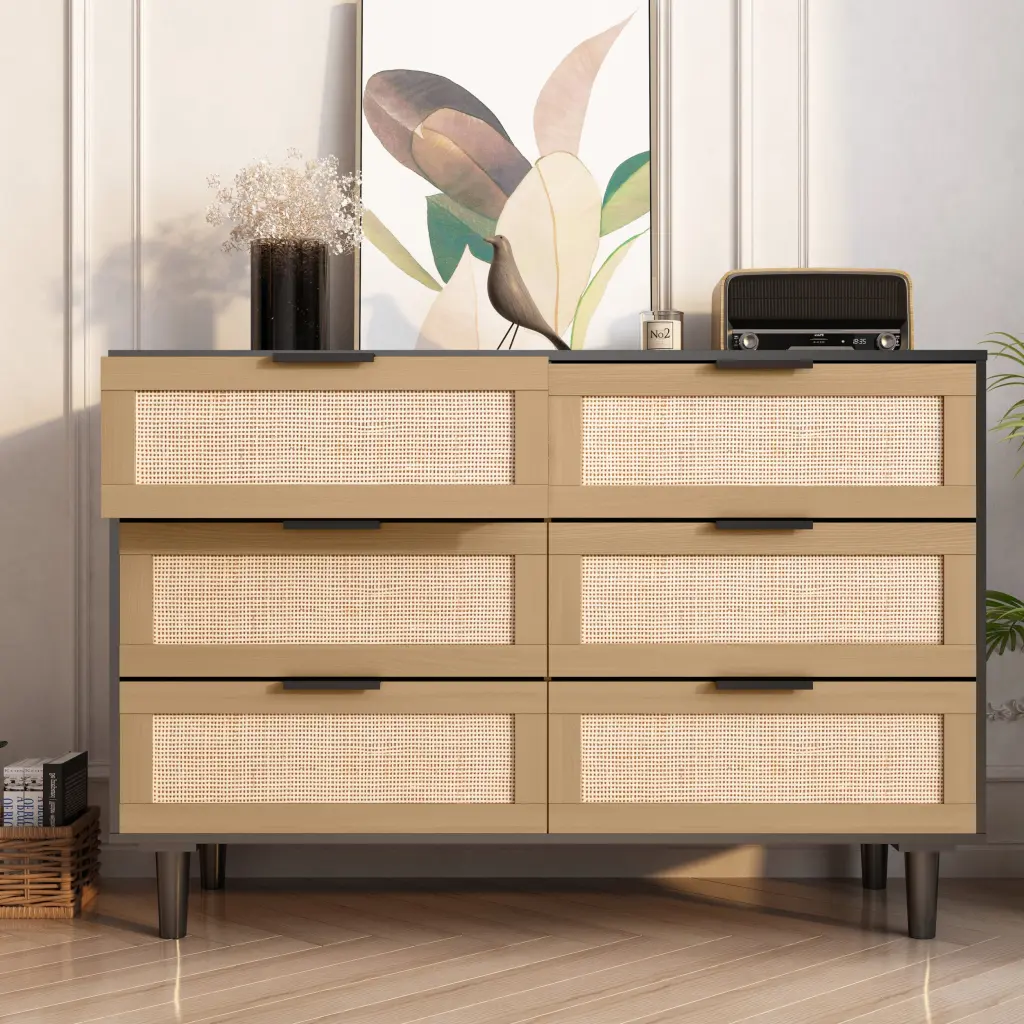 6 Drawer Rattan Dresser Bedroom or Living Room Black spribung