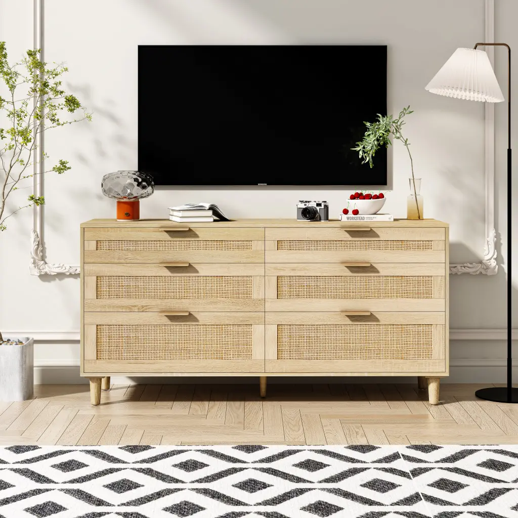 59 Inch Rattan Dresser 6 Drawers Bedroom Clothes Storage spribung