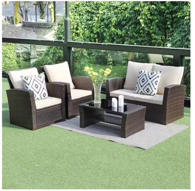 4 Piece Outdoor Patio Set PE Rattan Wicker Furniture Brown Garden Decor tradeber