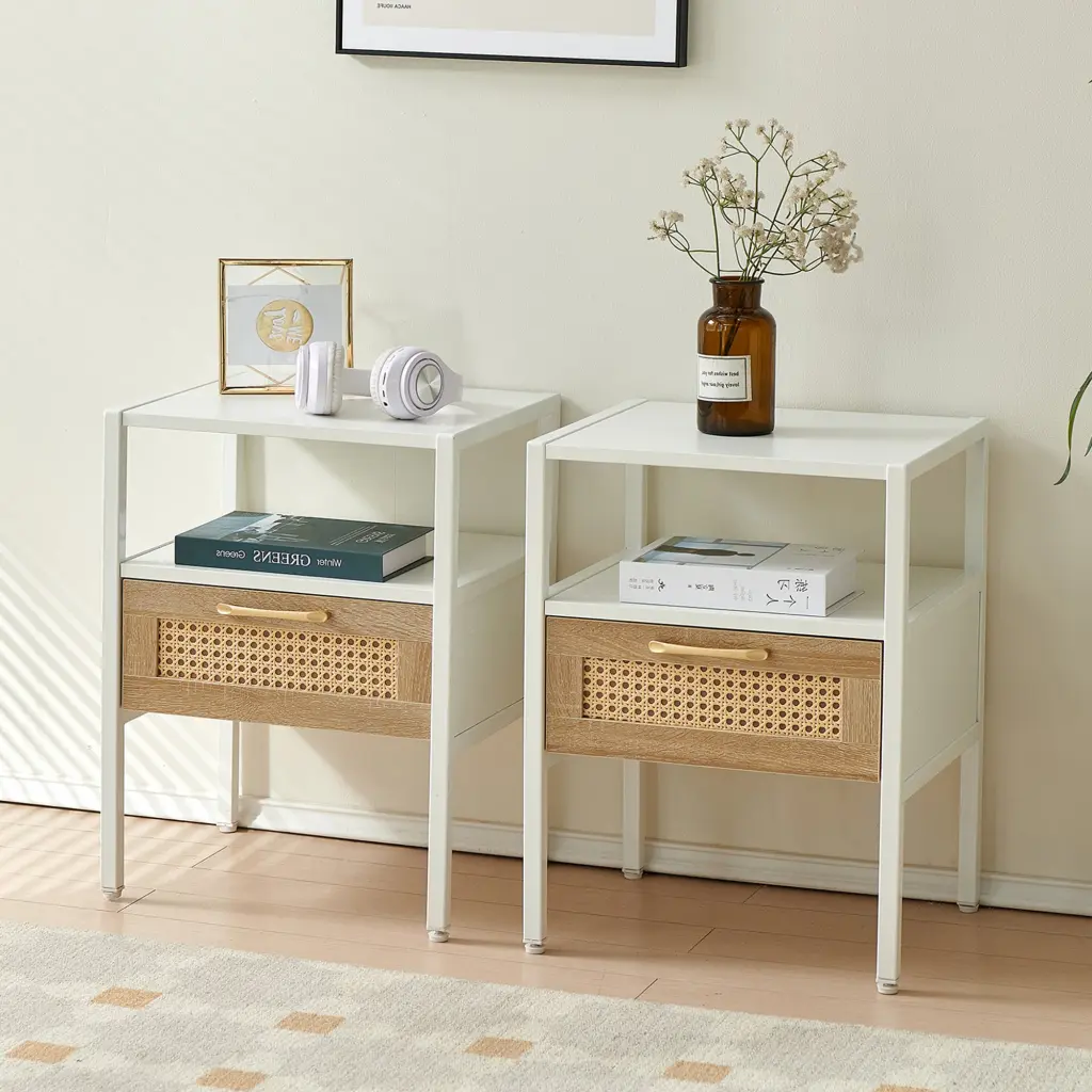 Set 2 Rattan End Tables Drawer Modern Nightstand Metal Frame sya furniture