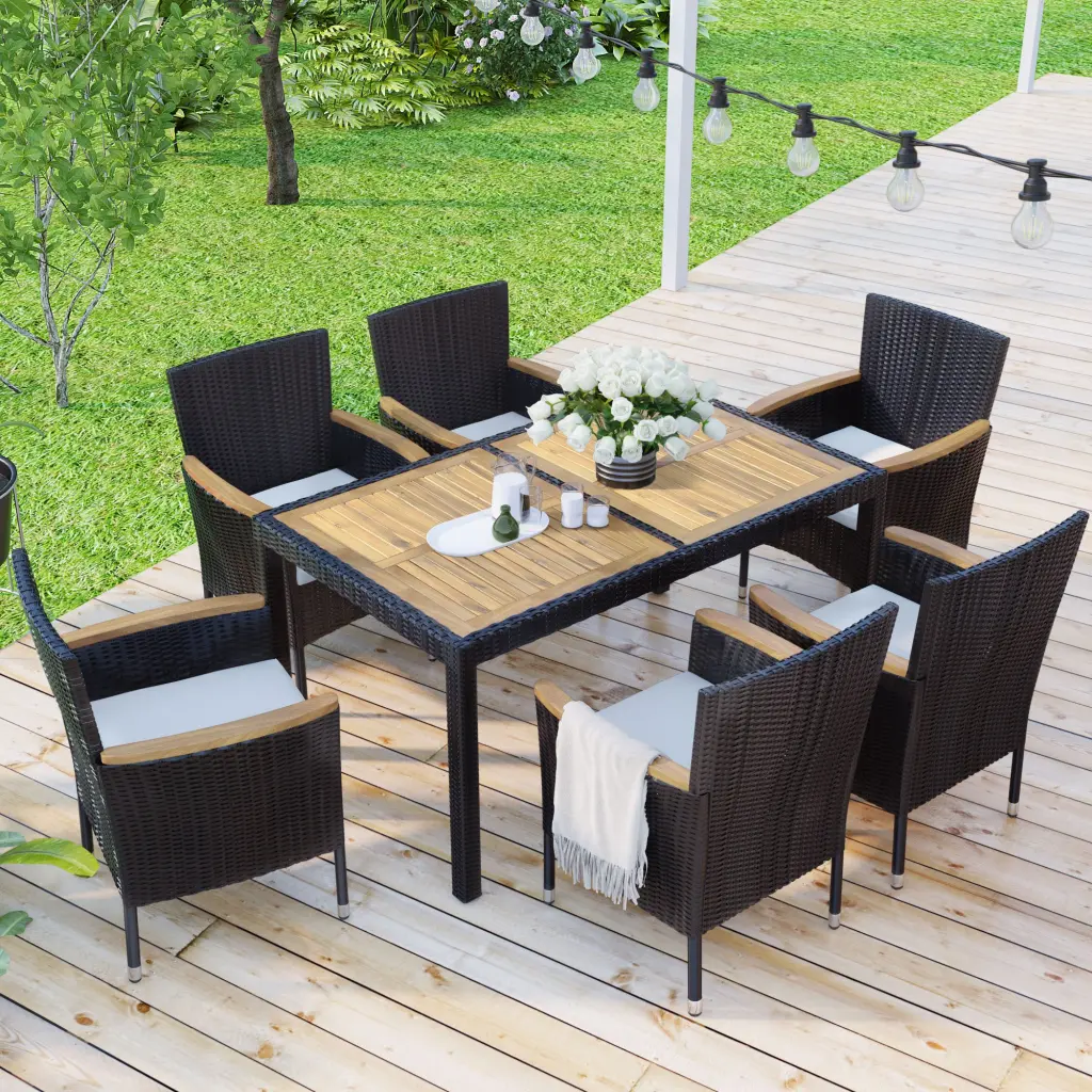 7 Piece Outdoor Patio Dining Set Garden PE Rattan Wicker Dining Table go