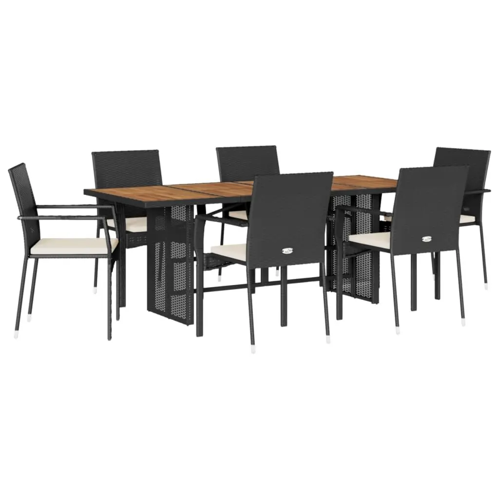 7 Piece Patio Dining Set Cushions Black Poly Rattan Outdoor Furniture