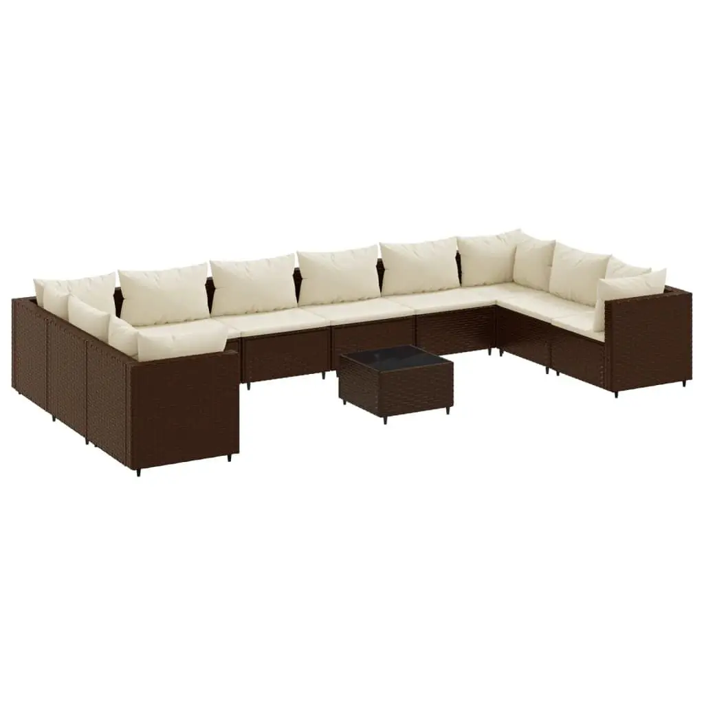 11 Piece Patio Lounge Set Cushions Brown Poly Rattan Outdoor Furniture