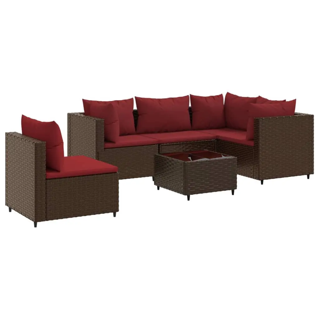 6 Piece Patio Lounge Set Cushions Brown Poly Rattan Outdoor Conversation Set