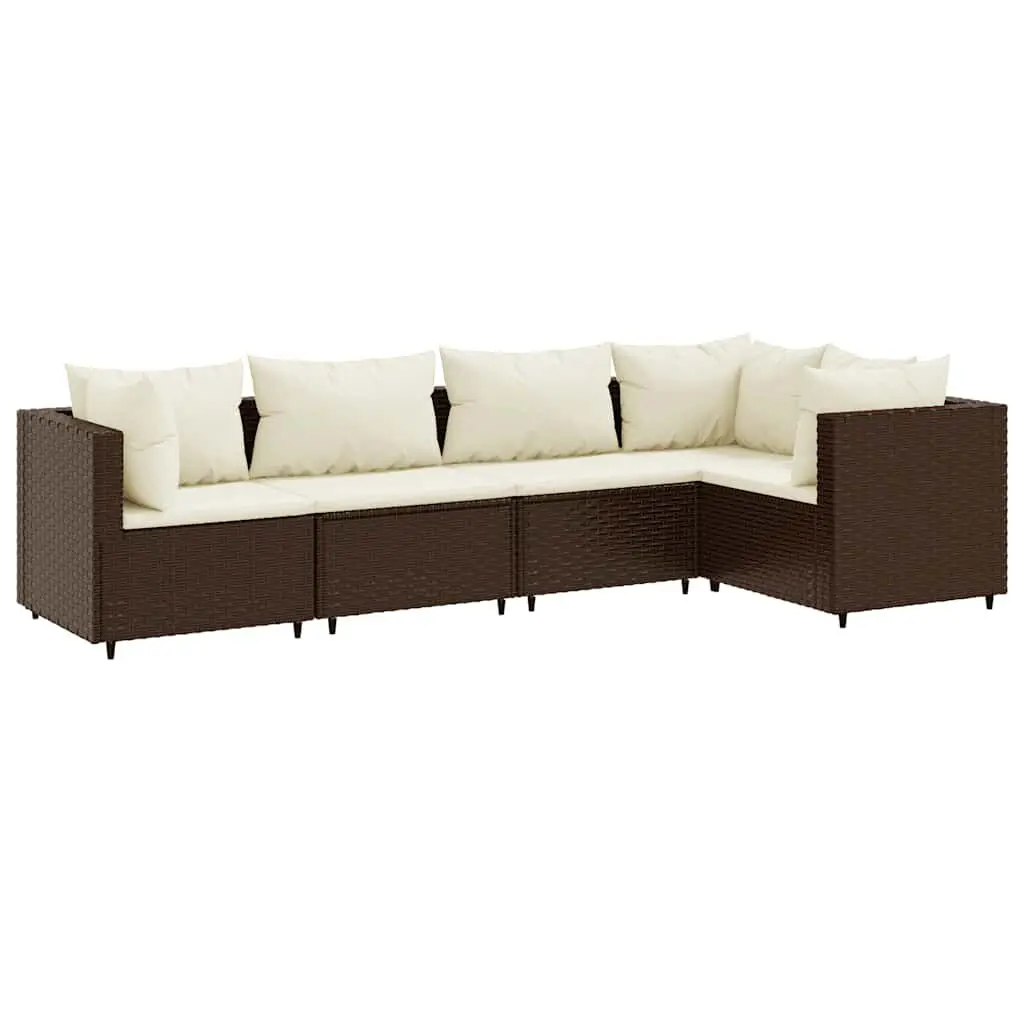 5 Piece Patio Lounge Set Cushions Brown Poly Rattan Outdoor Sofa Set