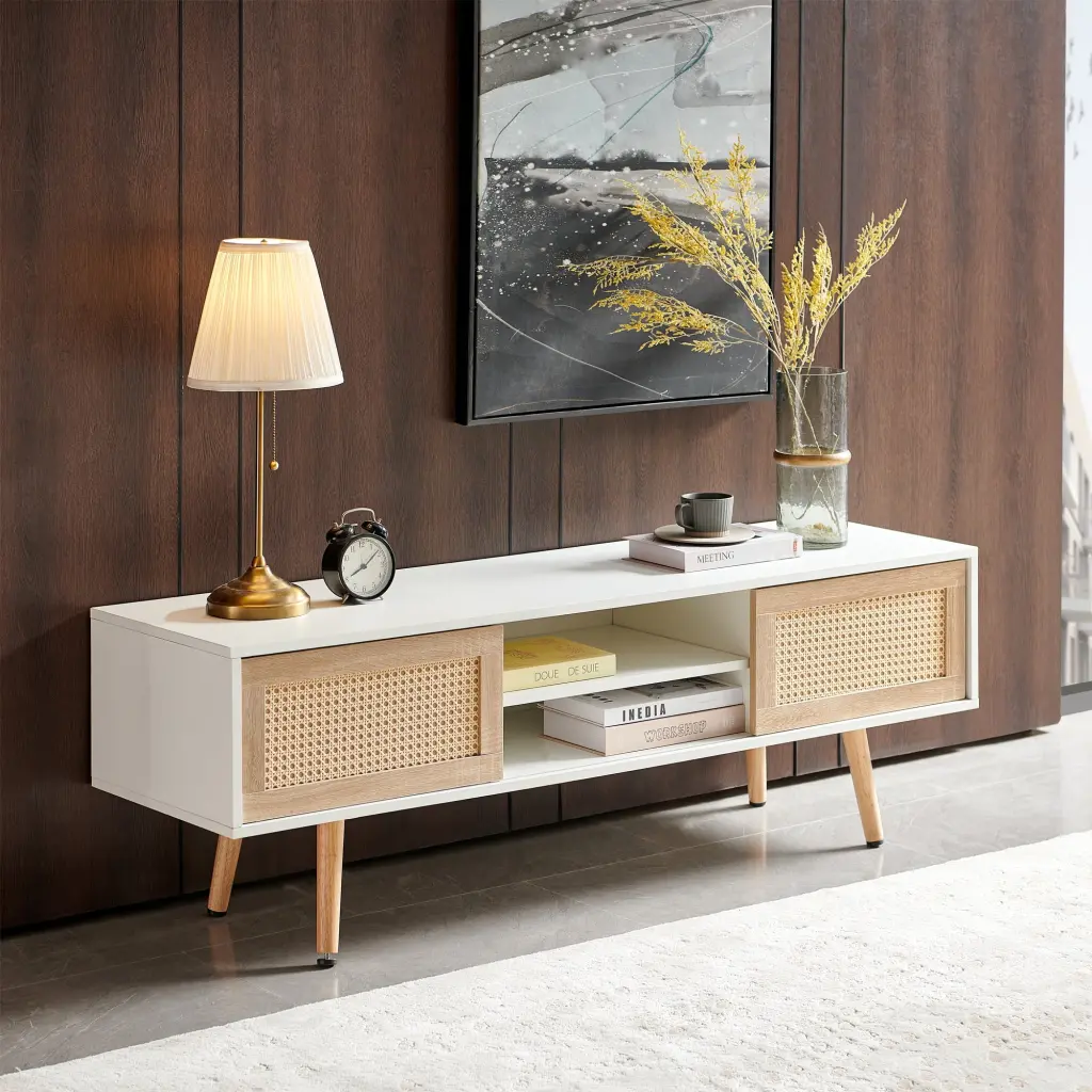BEKAY Rattan TV Cabinet Double Sliding Doors 3 Height Adjustable Shelf TV Console Living Room