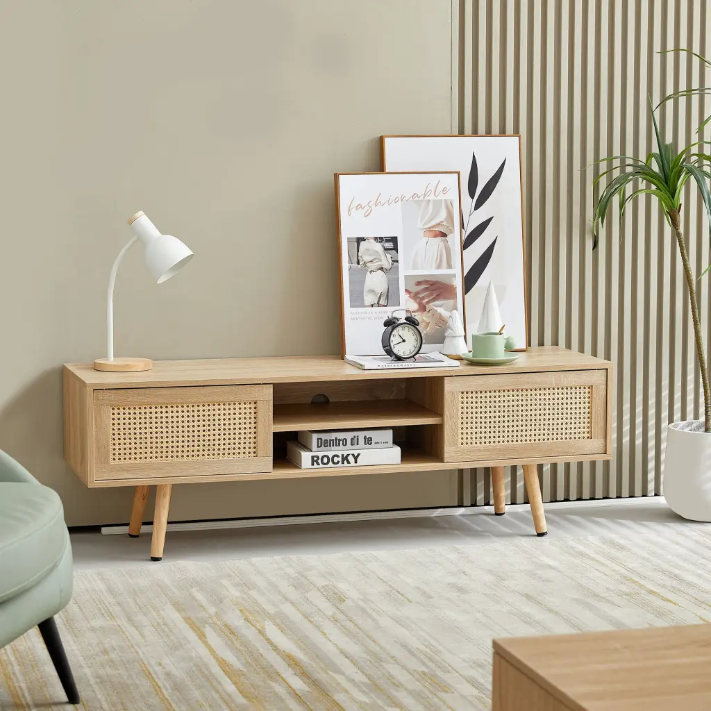 DEALTOPS Modern Rattan TV Stand Sliding Doors and Open Storage Compartments TVs up to 55 Inches Natural