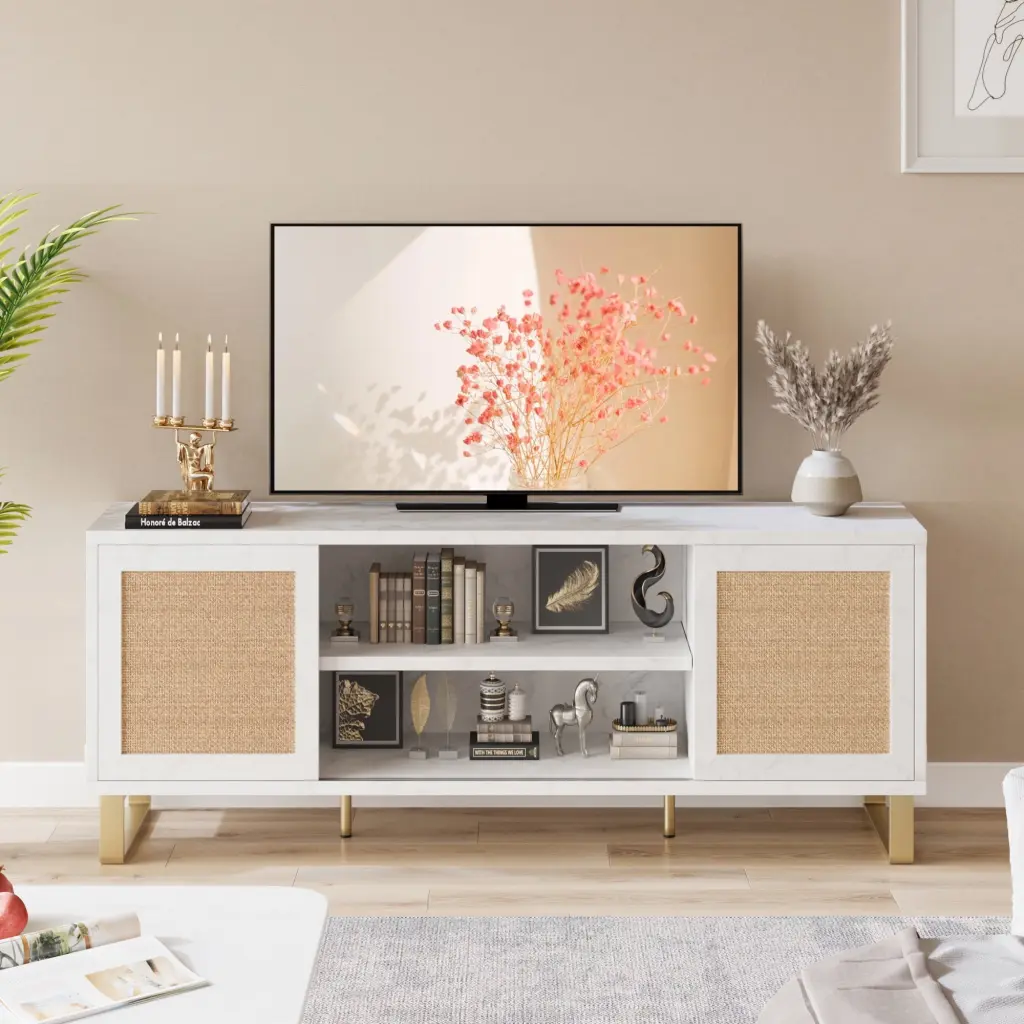 DSSTYLES TV Stand 65 Inch TV White Entertainment Center Modern TV Console Table Rattan TV Stand Storage Doors and Shelves