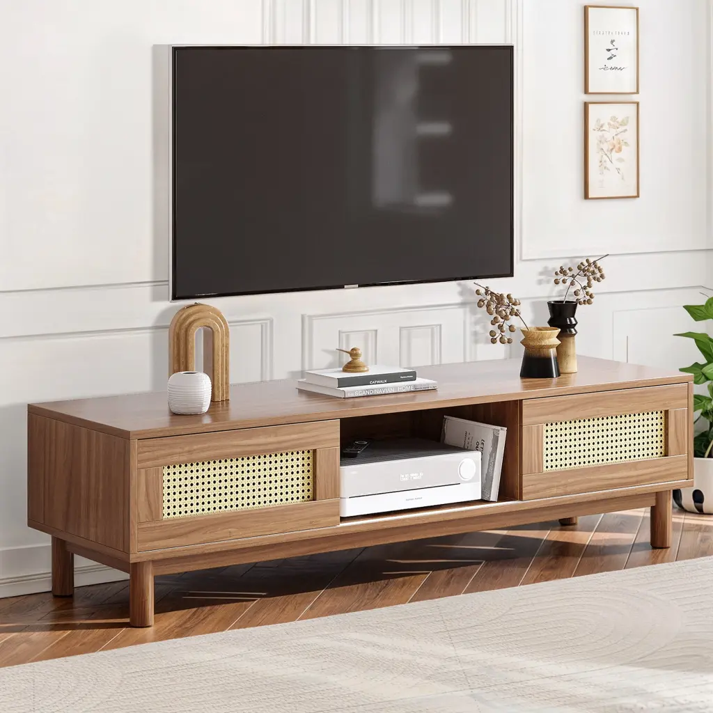 DWVO Rattan TV Stand 65 Inch TV Entertainment Center 2 Drawers Brown