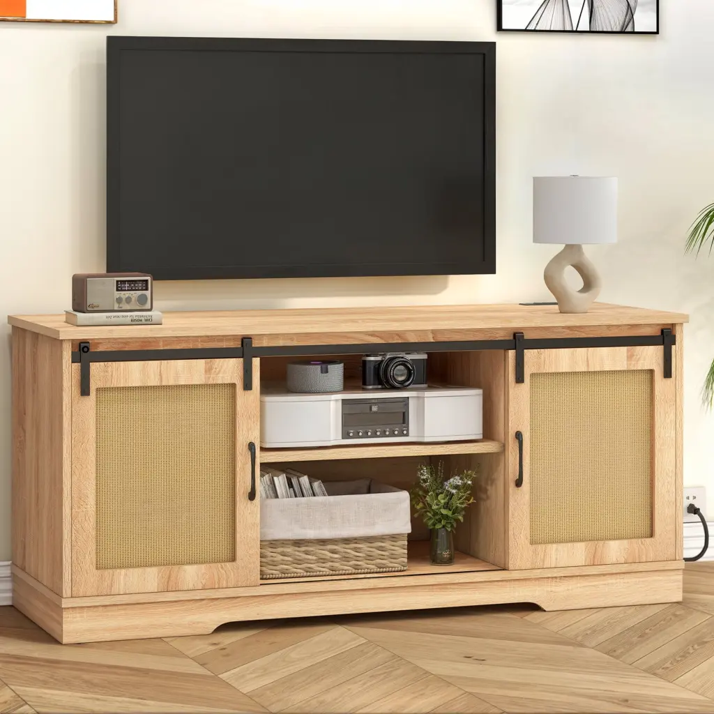 DWVO Rattan TV Stand 65 Inch TV Farmhouse Entertainment Center Cabinet Living Room
