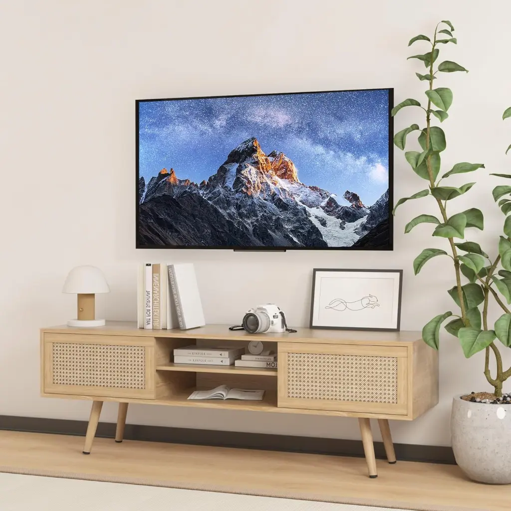 KUOESYN Rattan TV Console Entertainment Center Adjustable Shelves Living Room Natural Color