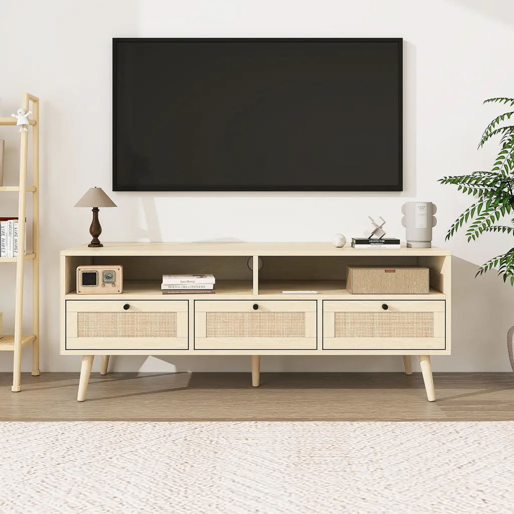 Rattan TV Stand Solid Wood Feet Natural TV Console Table Living Room OMCCHK