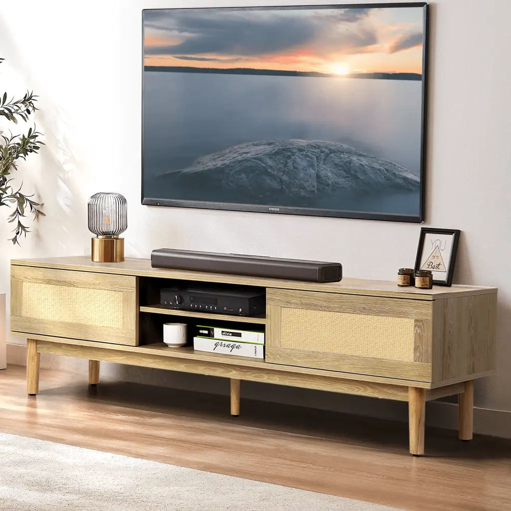 RichYa Rattan TV Stand 55-65 Inch Sliding Doors and Removable Shelf Natural Oak